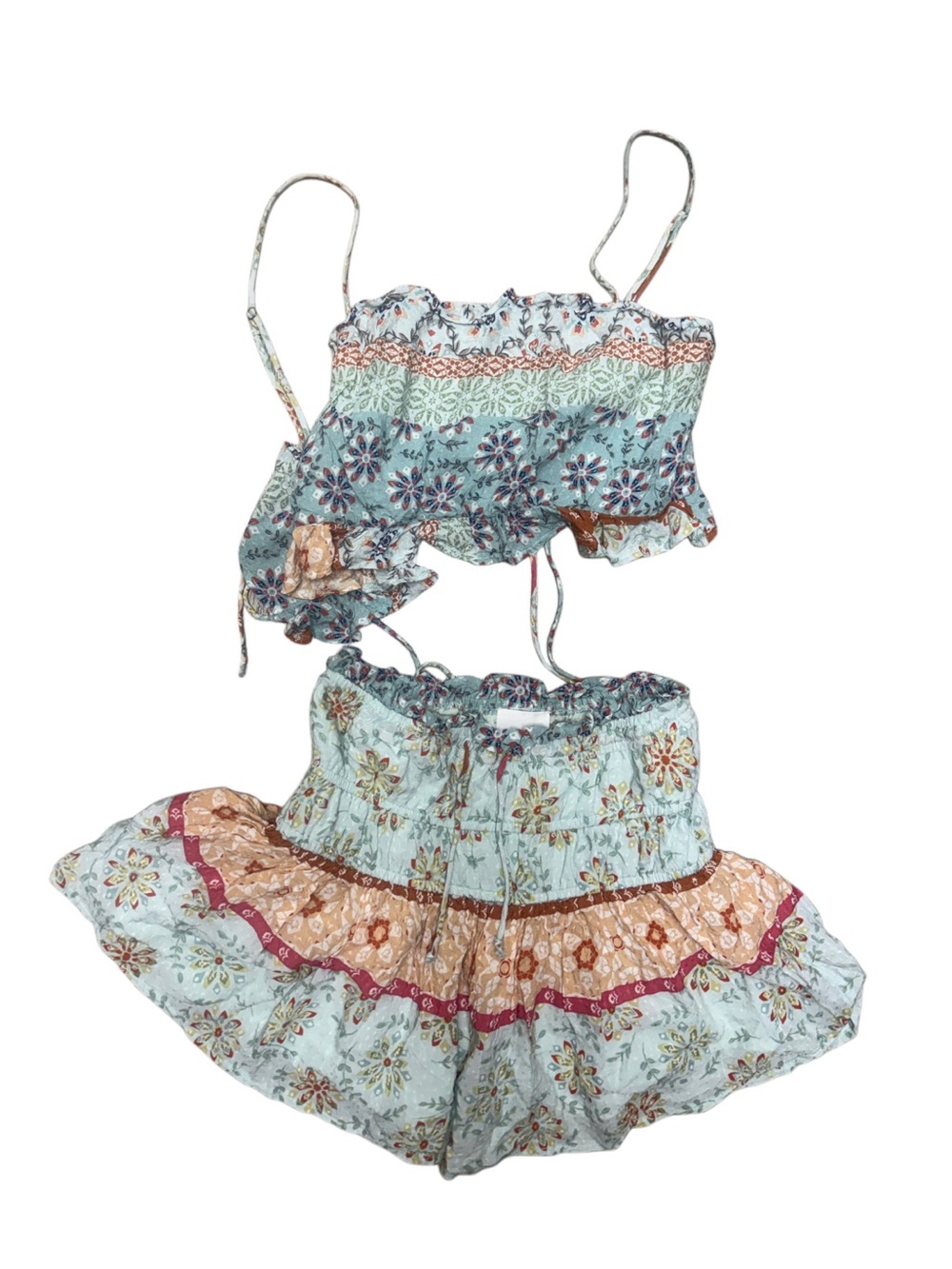 Skye to moon Boho Floral Two-Piece Crop Top & Skirt Set in Light Blue L/S